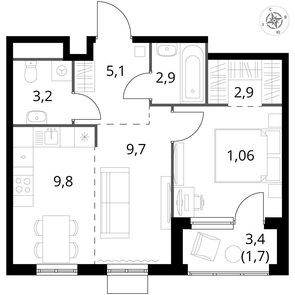 2 комн. квартира, 45.9 м², 4 этаж 
