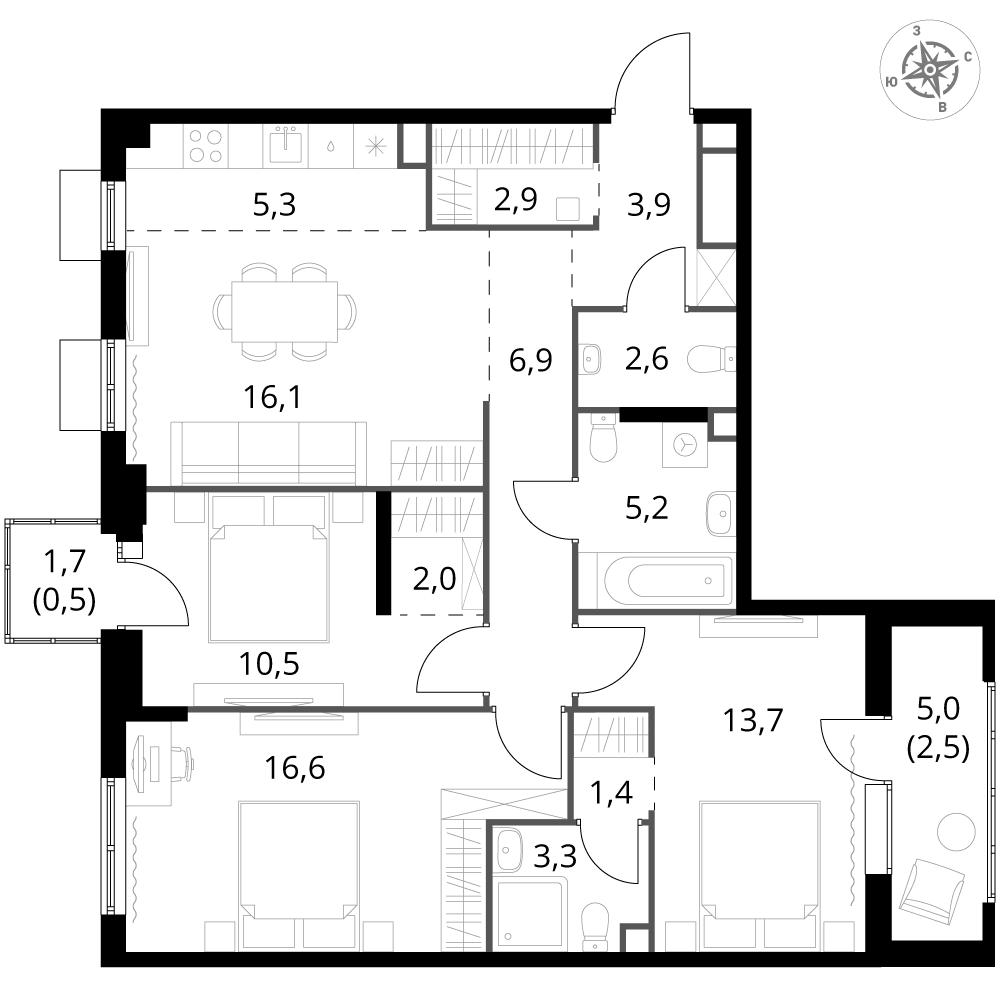 4 комн. квартира, 93.4 м², 2 этаж 
