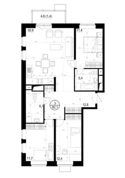 3 комн. квартира, 92.1 м², 5 этаж 