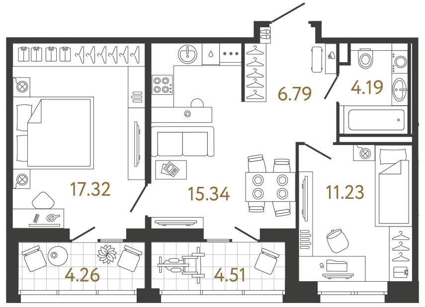 1 комн. квартира, 54.9 м², 2 этаж 