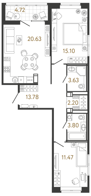 2 комн. квартира, 70.6 м², 17 этаж 