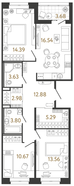 3 комн. квартира, 83.7 м², 2 этаж 