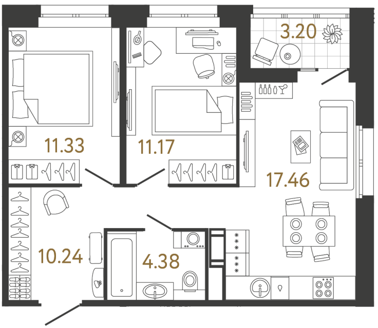 2 комн. квартира, 54.6 м², 16 этаж 