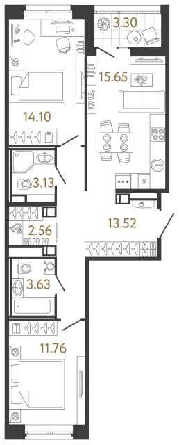 2 комн. квартира, 64.3 м², 15 этаж 