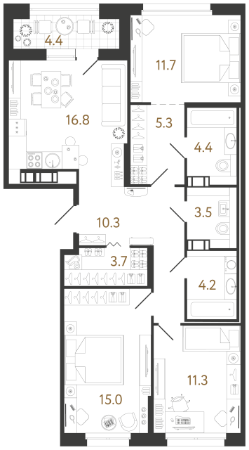 3 комн. квартира, 86.2 м², 7 этаж 