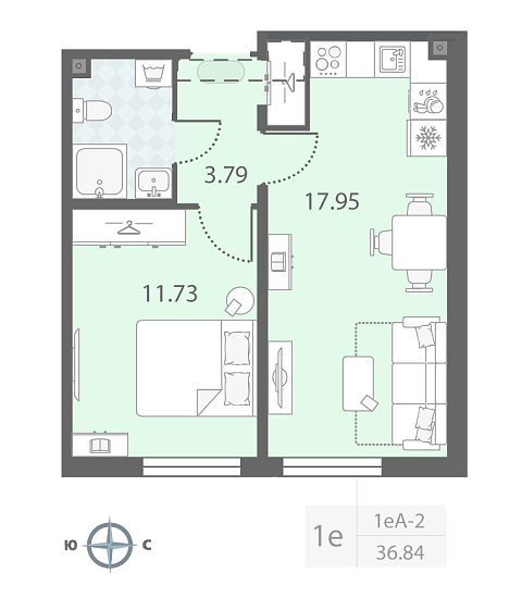 студия, 36.8 м², 23 этаж 