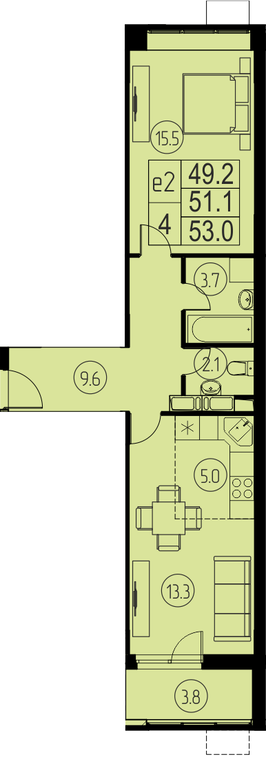 2 комн. квартира, 51.1 м², 9 этаж 