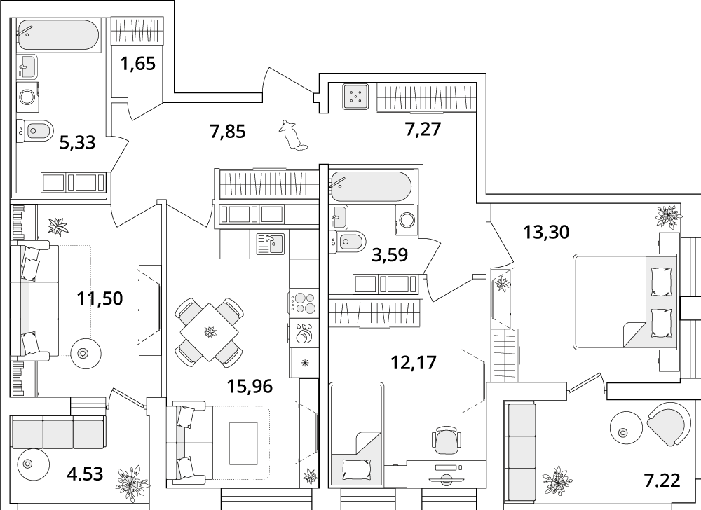 3 комн. квартира, 84.8 м², 16 этаж 