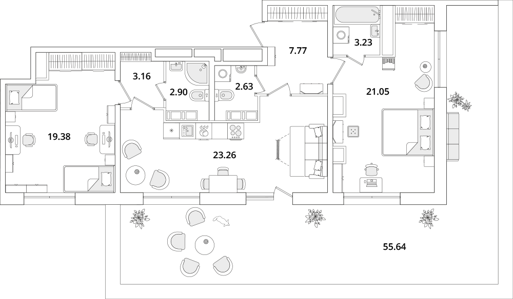 2 комн. квартира, 99 м², 16 этаж 