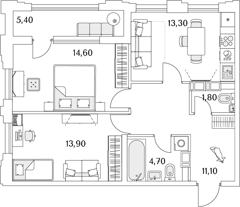2 комн. квартира, 62.3 м², 4 этаж 