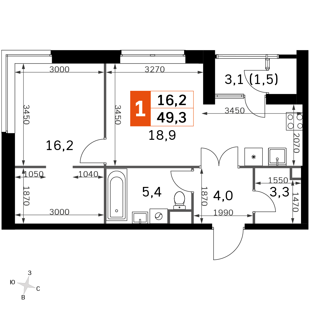 2 комн. квартира, 49.3 м², 18 этаж 