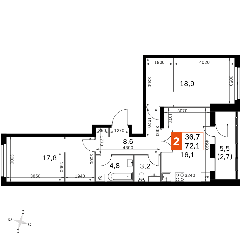 2 комн. квартира, 72.1 м², 26 этаж 