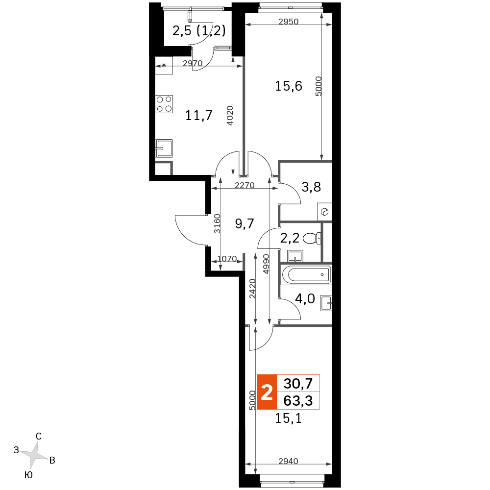2 комн. квартира, 63.3 м², 11 этаж 