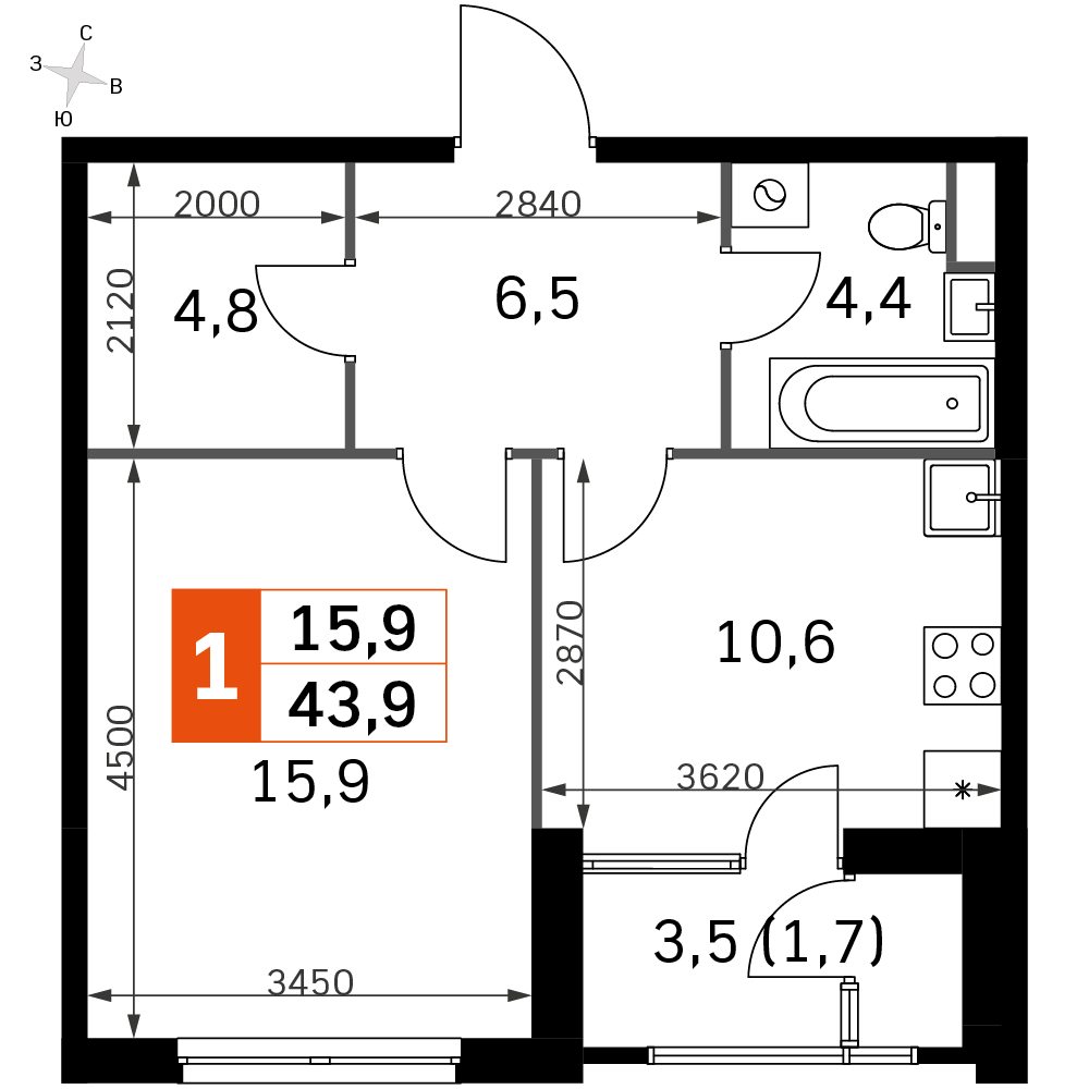 1 комн. квартира, 43.9 м², 26 этаж 