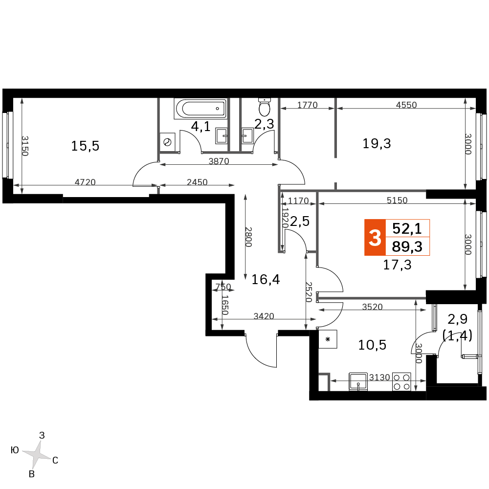 3 комн. квартира, 89.3 м², 9 этаж 
