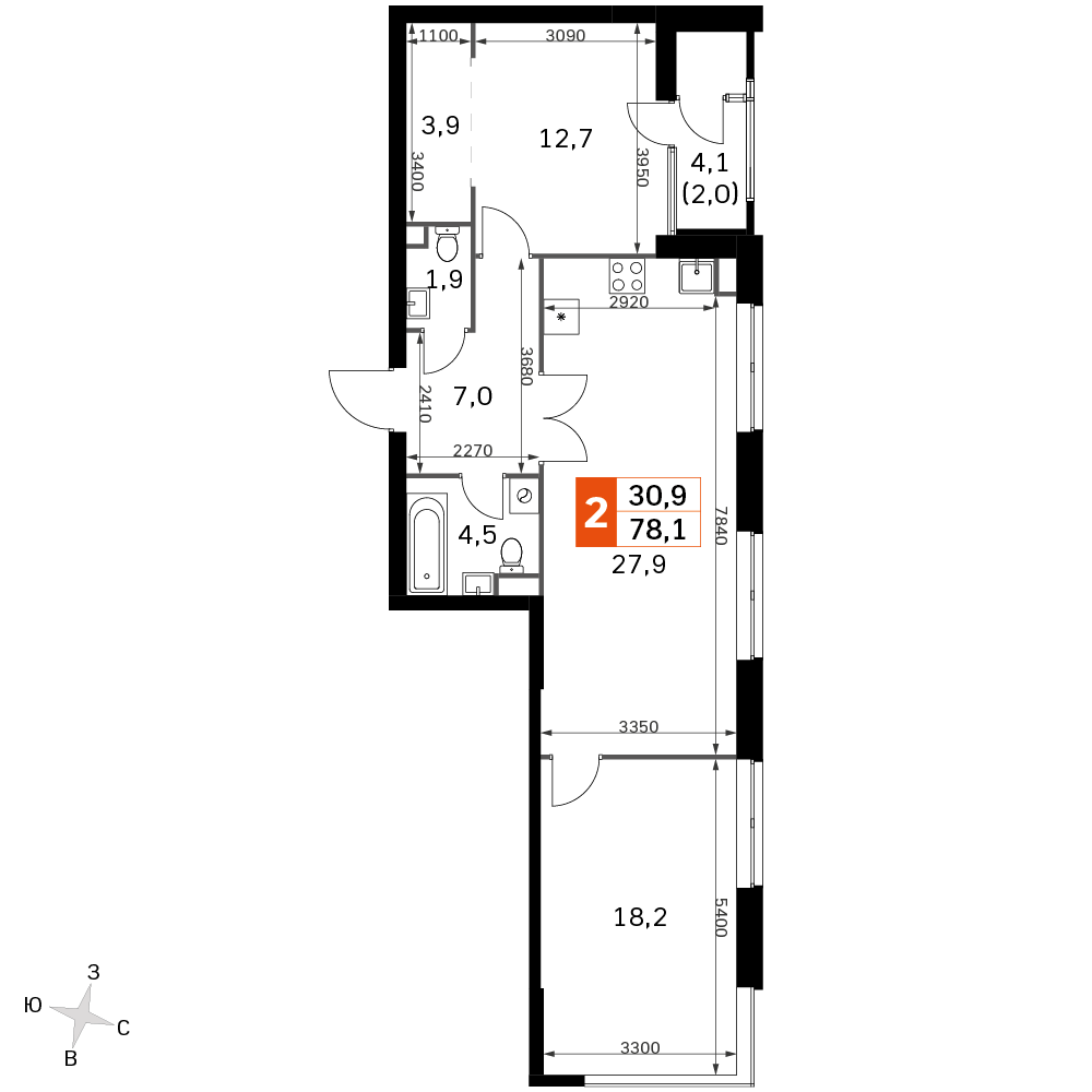 3 комн. квартира, 78.1 м², 29 этаж 