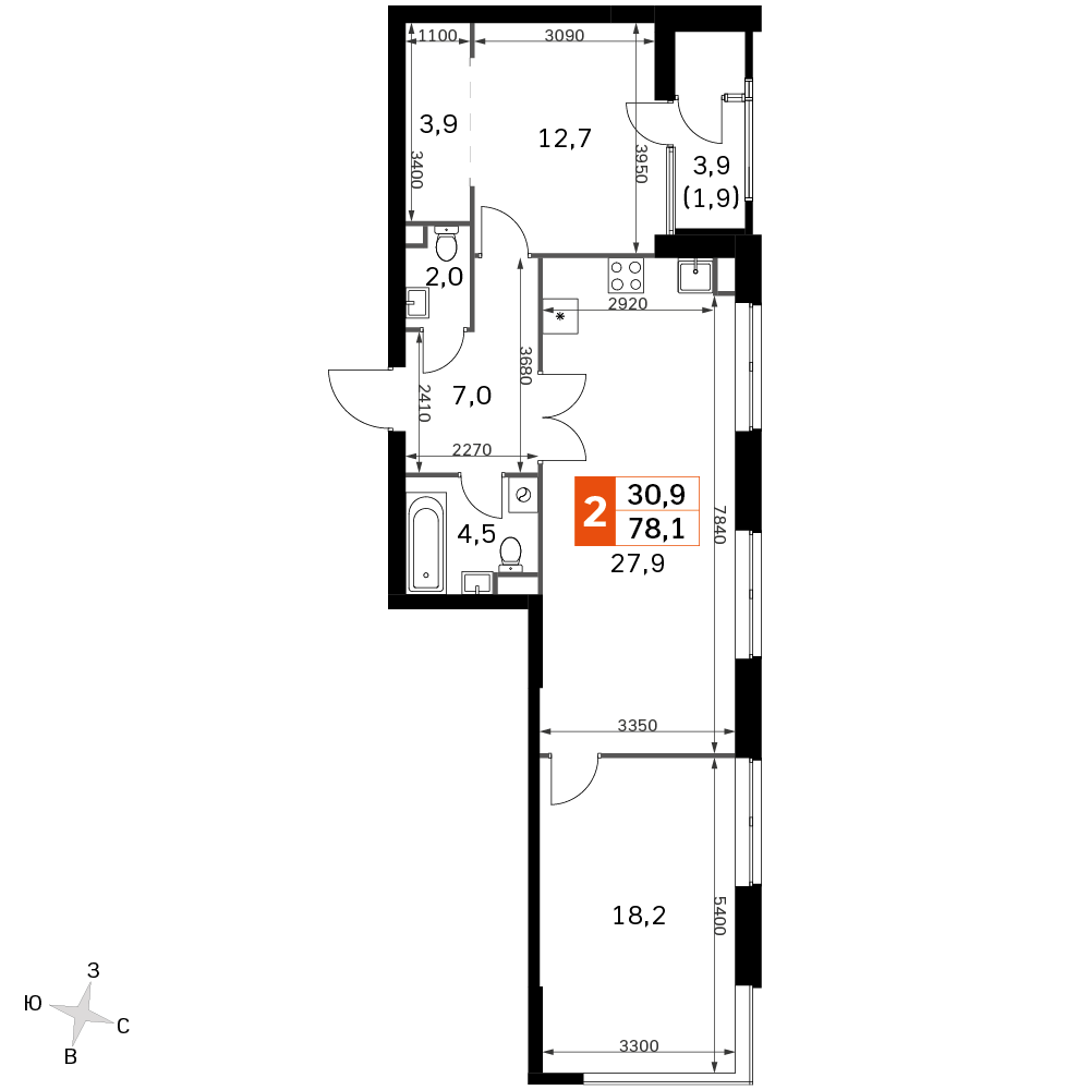 3 комн. квартира, 78.1 м², 35 этаж 
