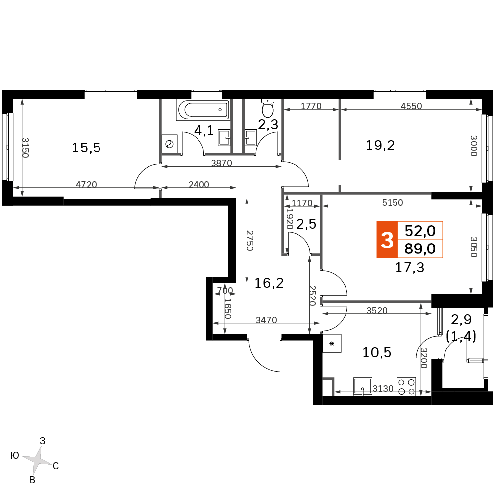 3 комн. квартира, 89 м², 37 этаж 
