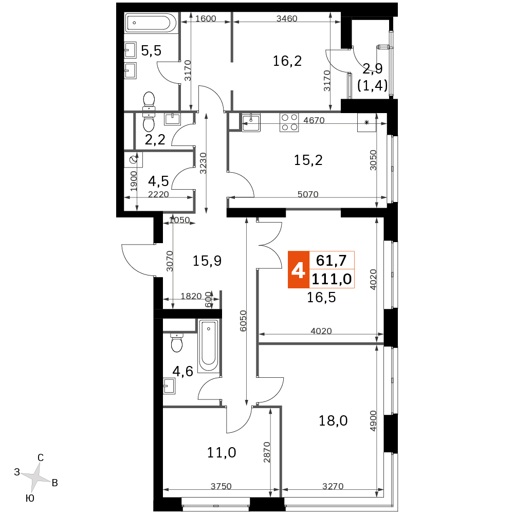 4 комн. квартира, 111 м², 4 этаж 