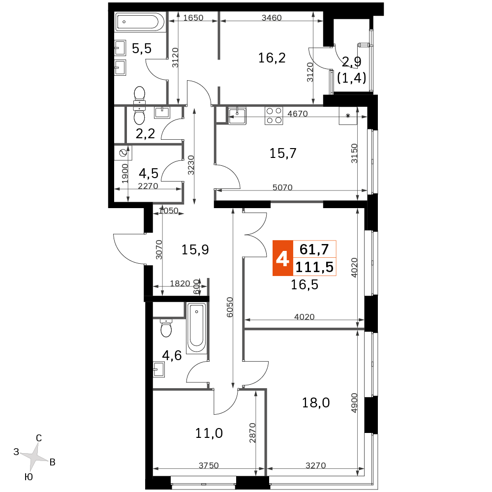 4 комн. квартира, 111.5 м², 24 этаж 