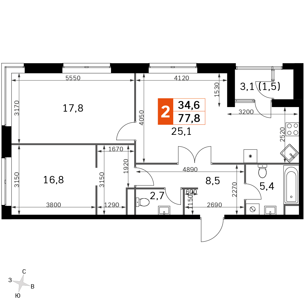 3 комн. квартира, 77.8 м², 27 этаж 