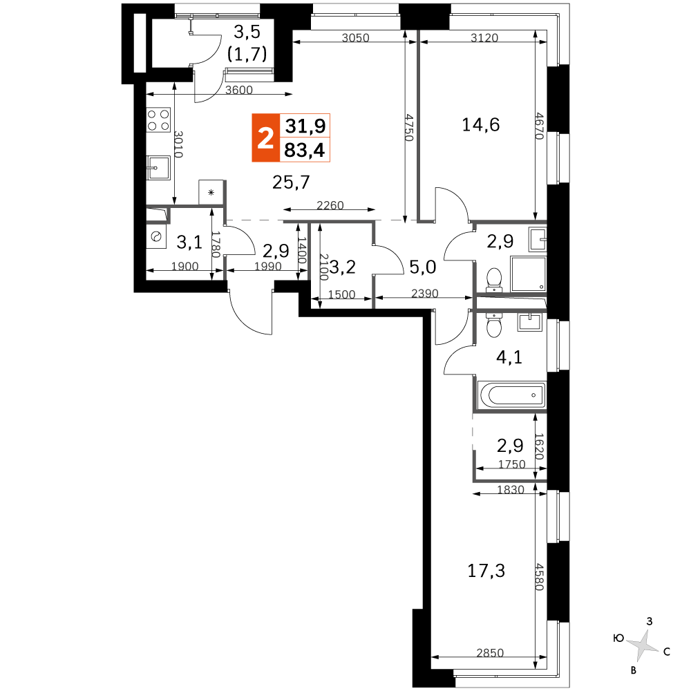 3 комн. квартира, 83.6 м², 27 этаж 