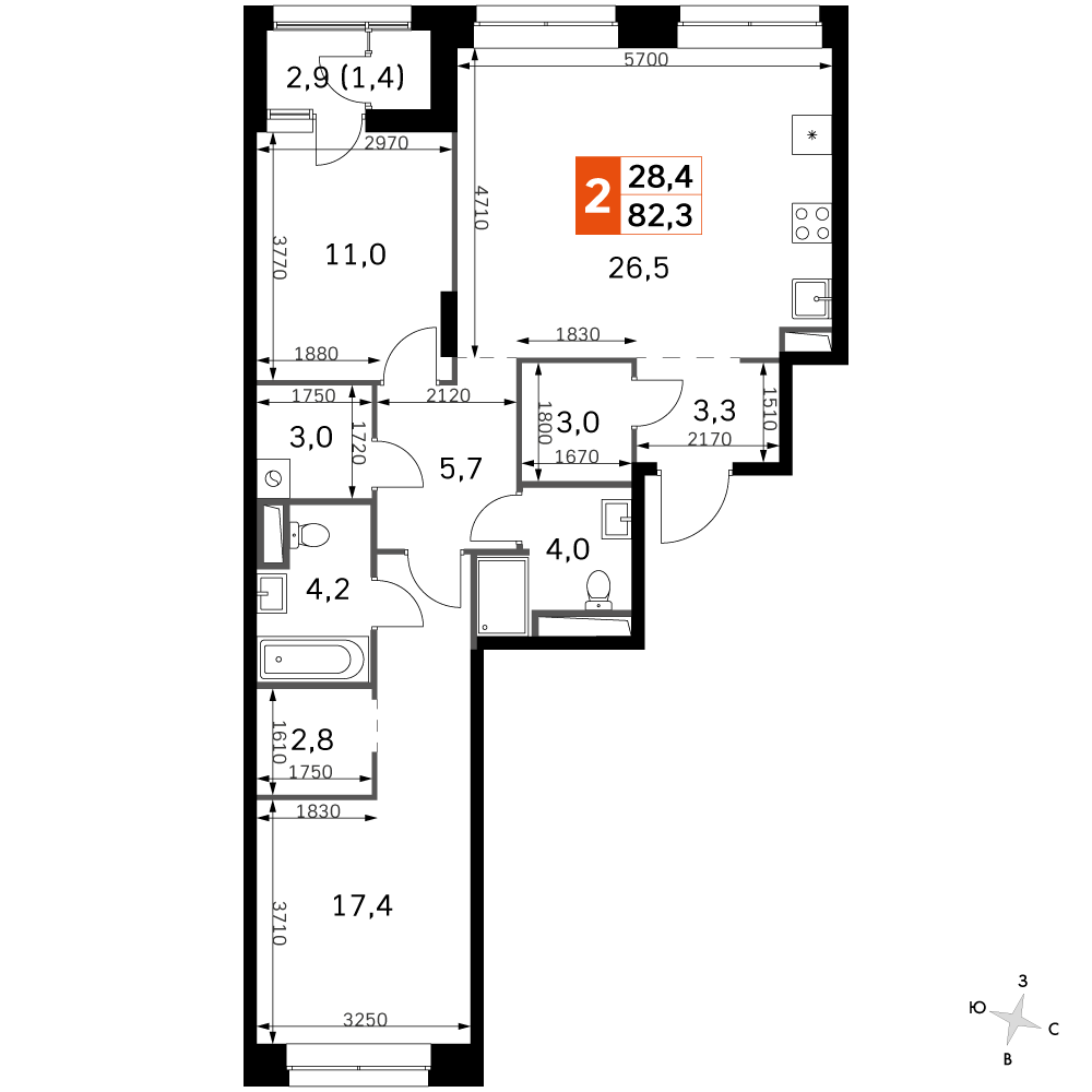 3 комн. квартира, 82.3 м², 25 этаж 