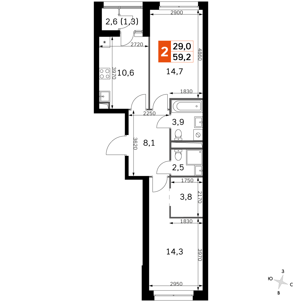 2 комн. квартира, 59.4 м², 29 этаж 