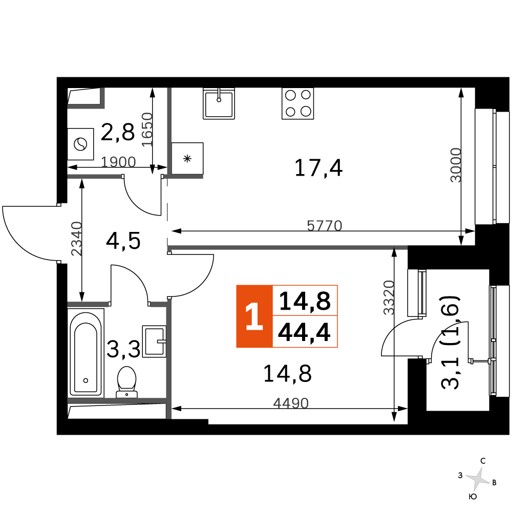 1 комн. квартира, 44.5 м², 2 этаж 