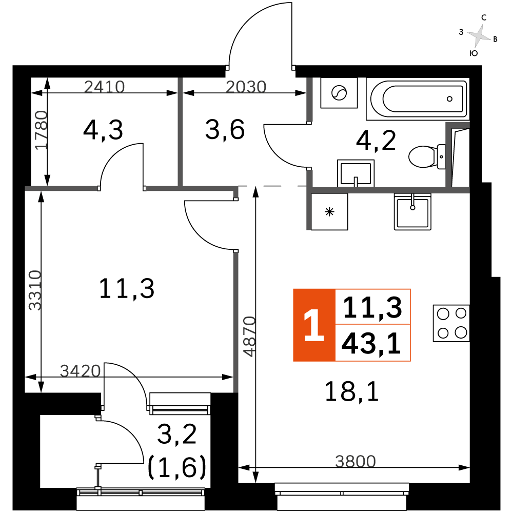 1 комн. квартира, 42.8 м², 2 этаж 