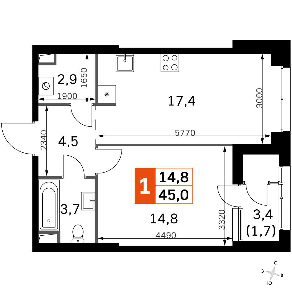 1 комн. квартира, 45.2 м², 9 этаж 