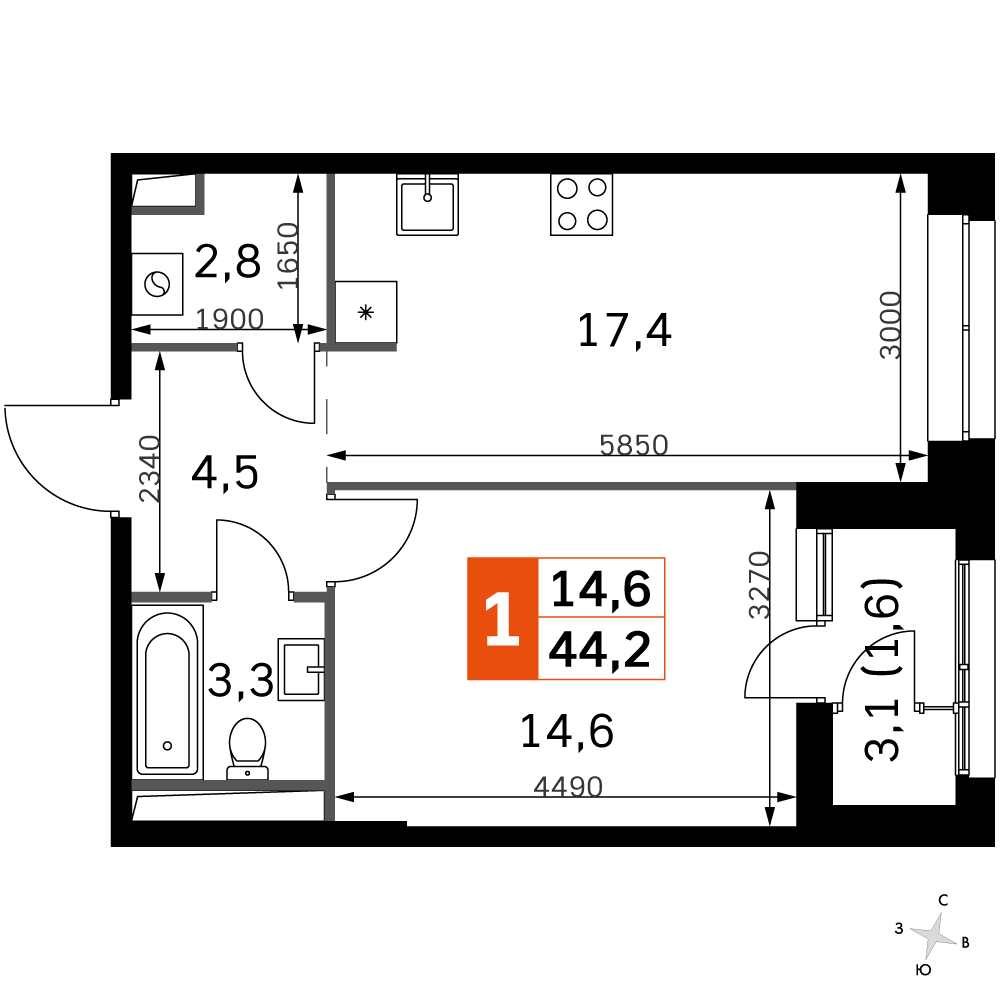 1 комн. квартира, 44.3 м², 11 этаж 