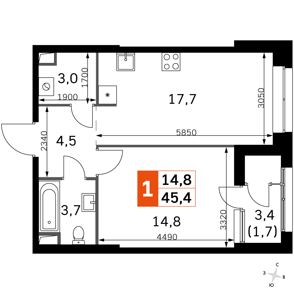 1 комн. квартира, 45.6 м², 17 этаж 