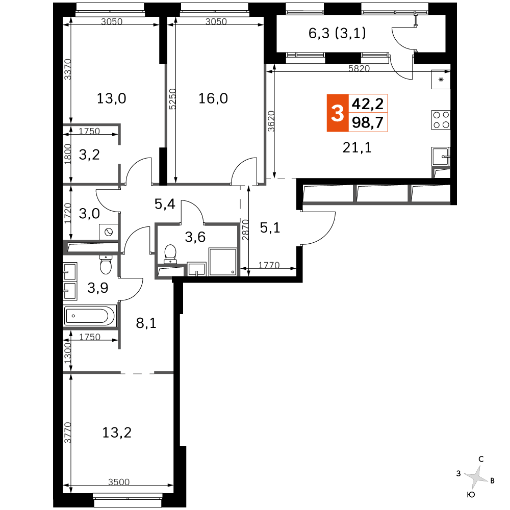 3 комн. квартира, 99 м², 21 этаж 