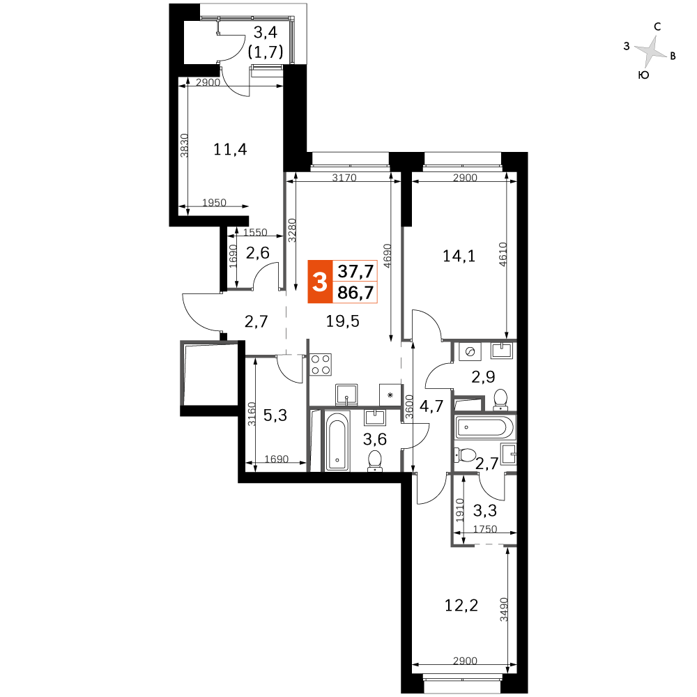 3 комн. квартира, 87.5 м², 2 этаж 