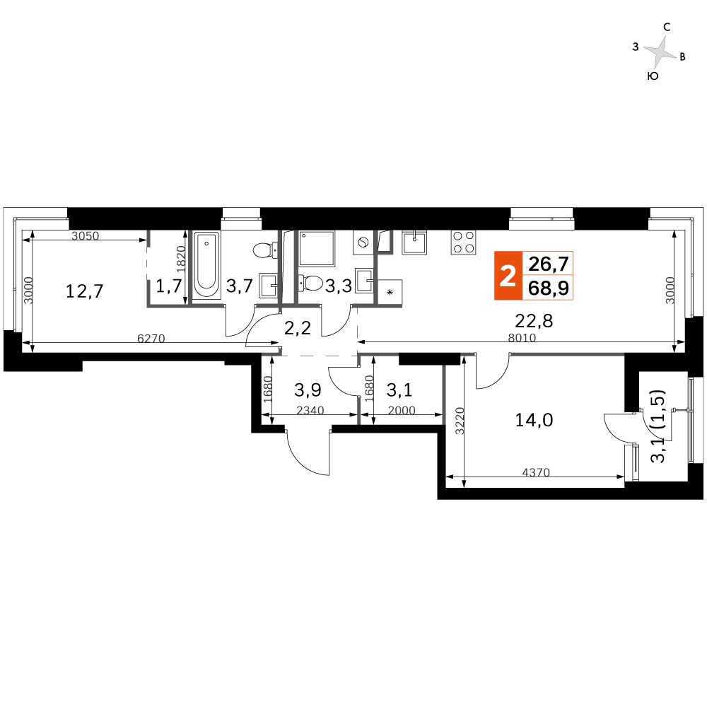 2 комн. квартира, 69.6 м², 16 этаж 