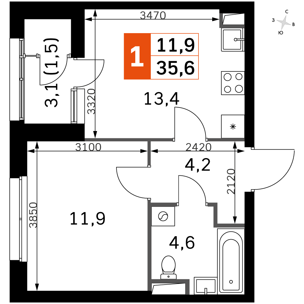 1 комн. квартира, 35.3 м², 20 этаж 
