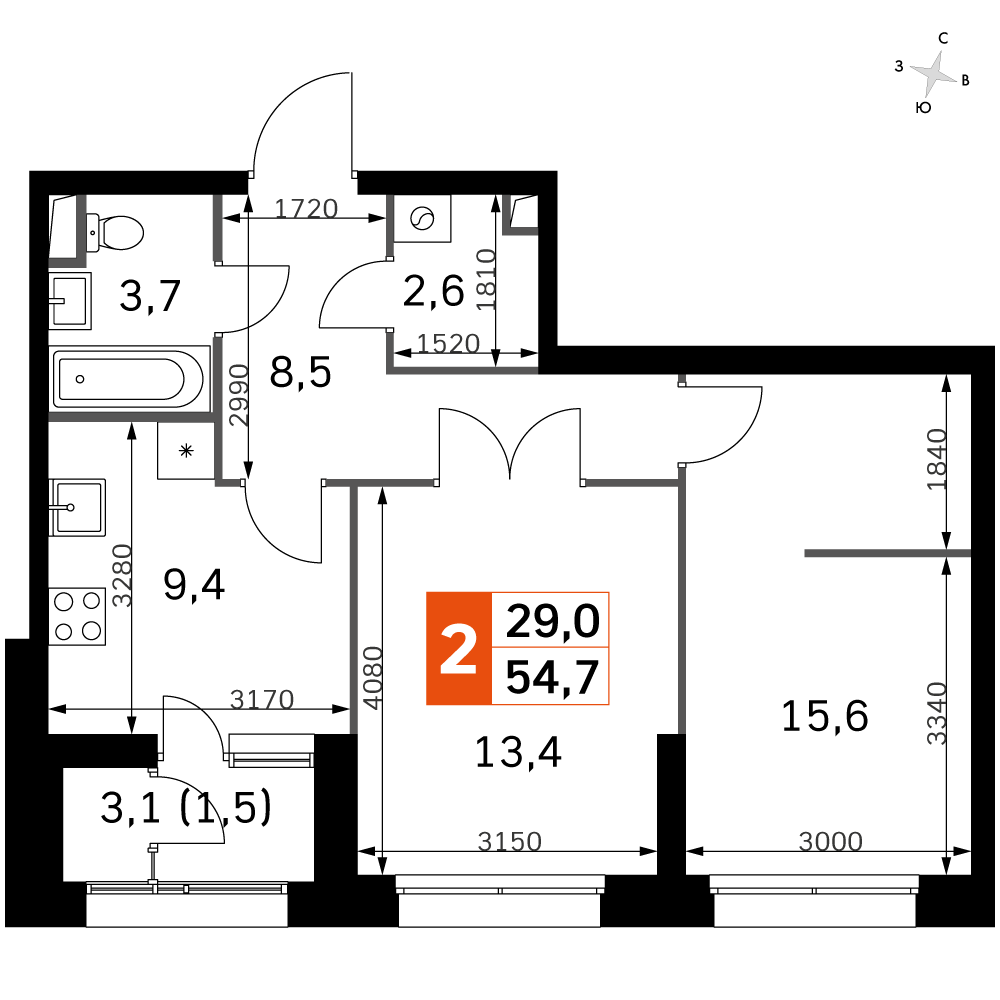 2 комн. квартира, 54.7 м², 25 этаж 