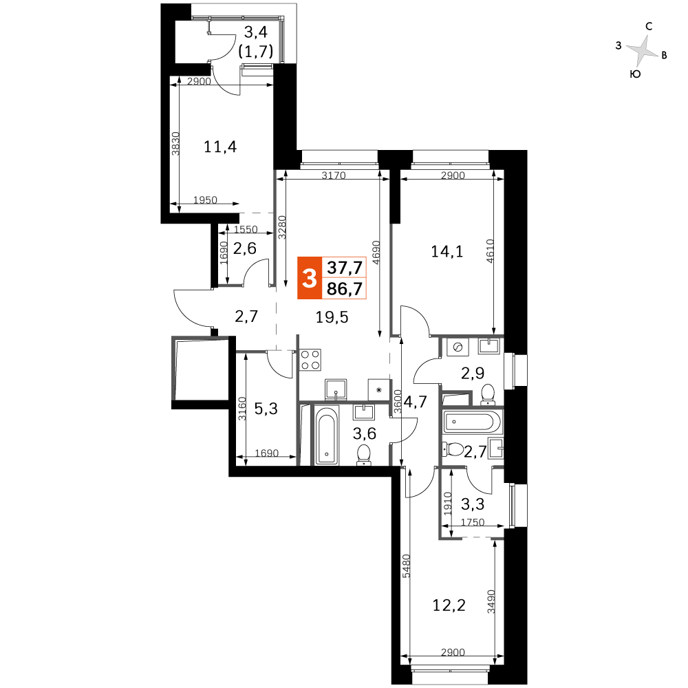 3 комн. квартира, 87.5 м², 35 этаж 