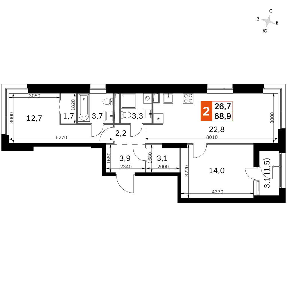 2 комн. квартира, 69.6 м², 35 этаж 