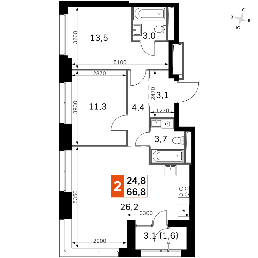 2 комн. квартира, 67.1 м², 41 этаж 