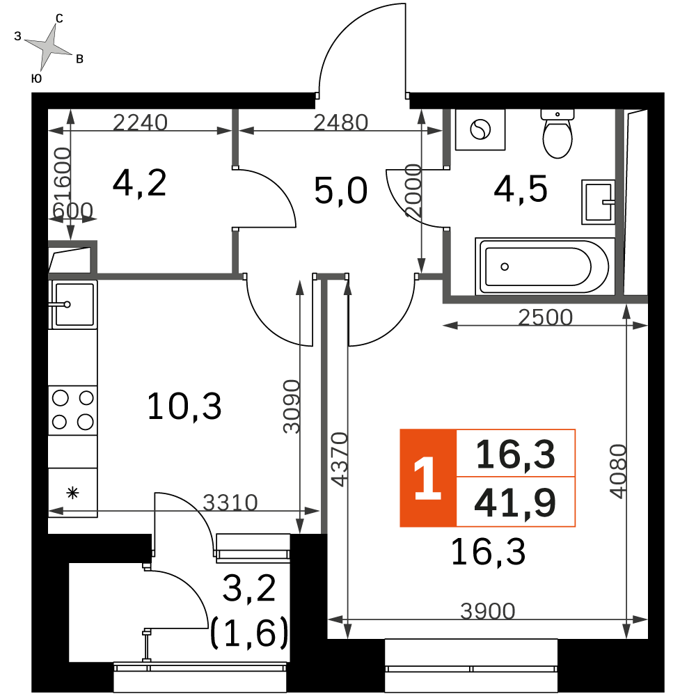 1 комн. квартира, 42.4 м², 4 этаж 