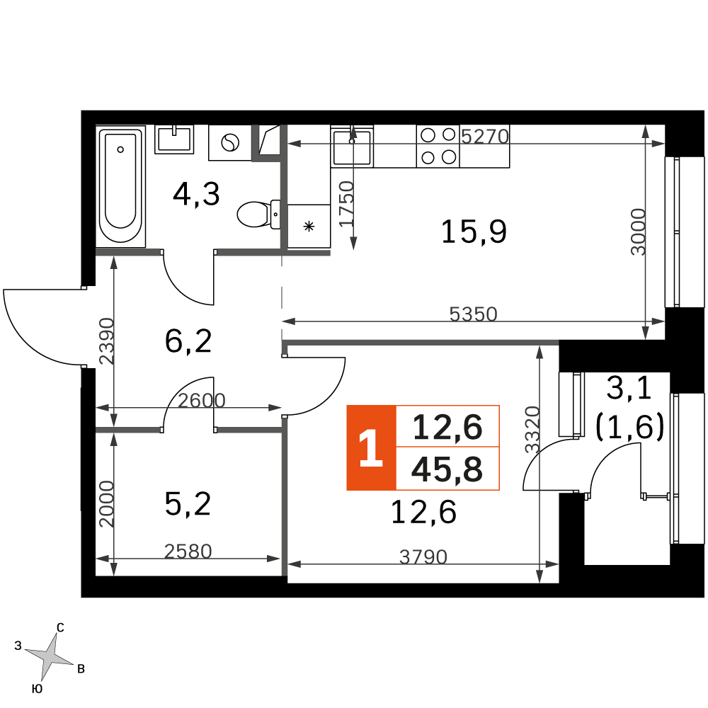1 комн. квартира, 45.4 м², 9 этаж 