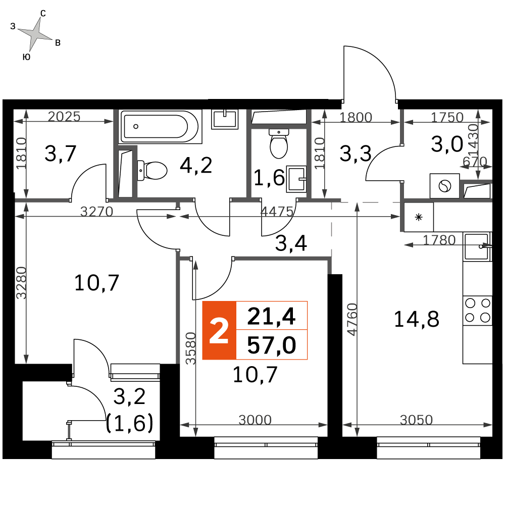 2 комн. квартира, 57.3 м², 22 этаж 