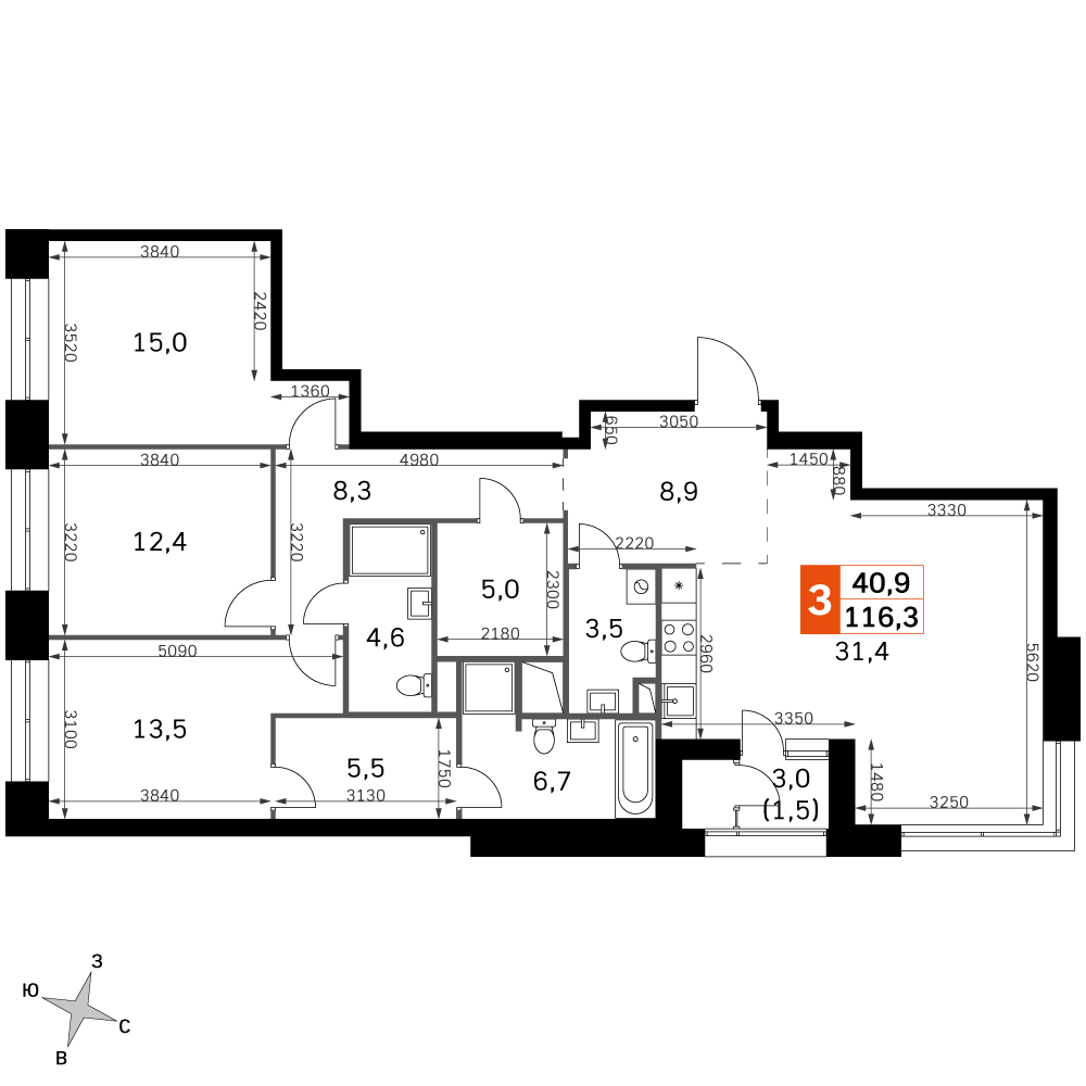 4 комн. квартира, 116.4 м², 17 этаж 