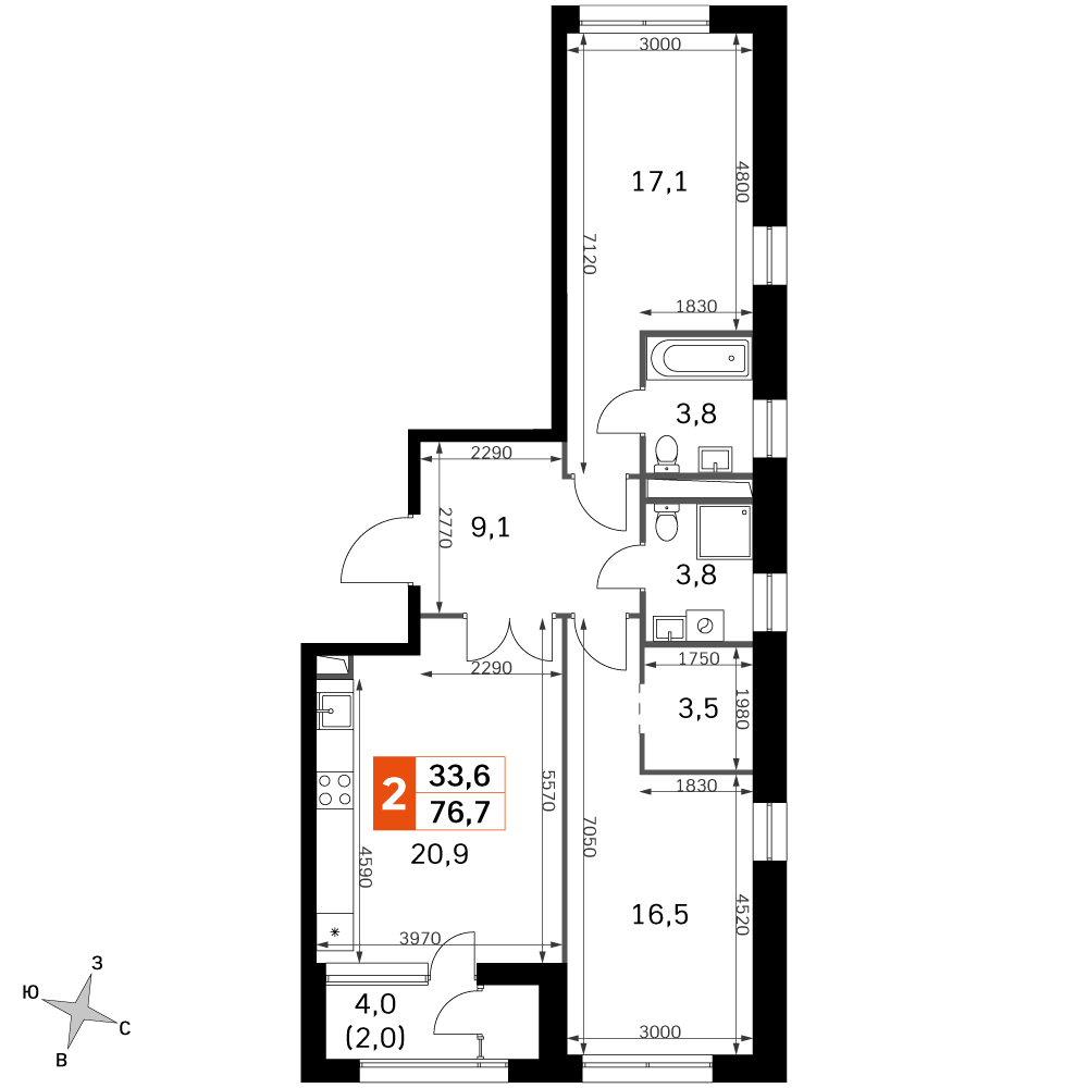 2 комн. квартира, 76.6 м², 38 этаж 