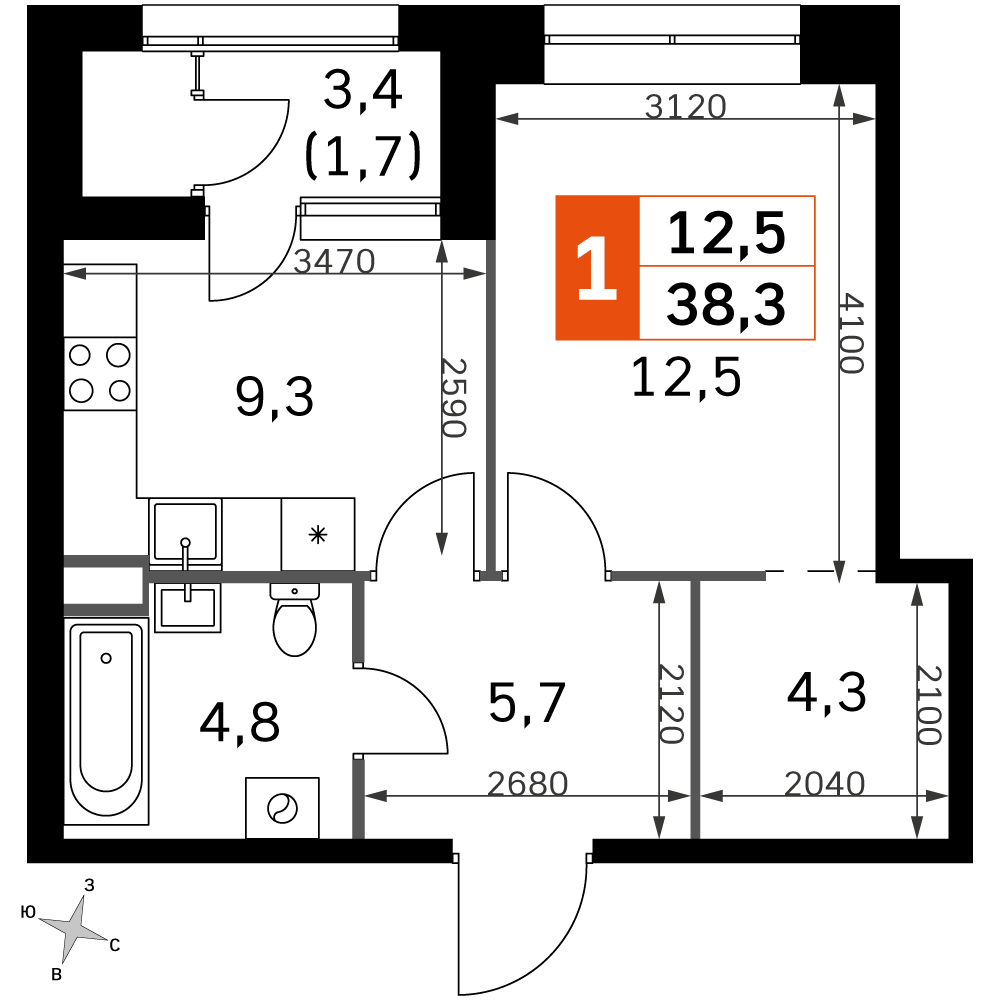1 комн. квартира, 38.4 м², 39 этаж 