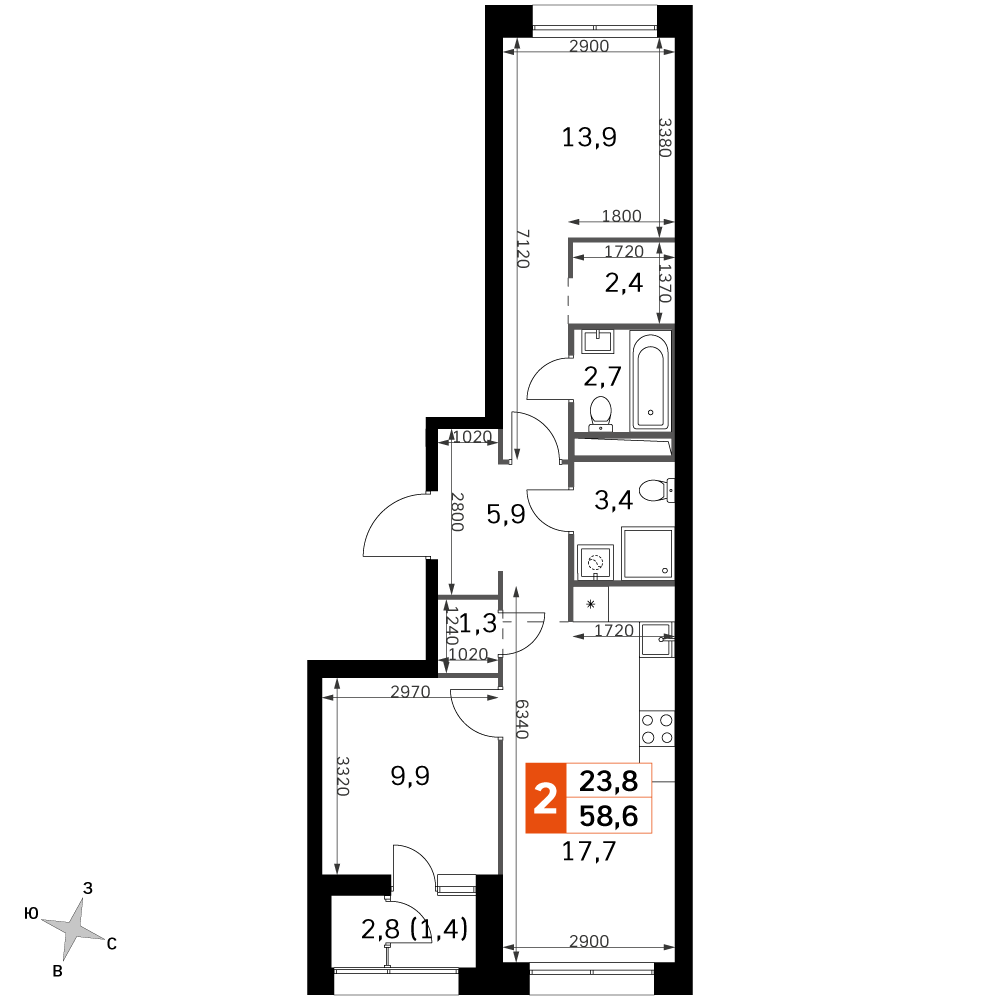 2 комн. квартира, 58.4 м², 2 этаж 