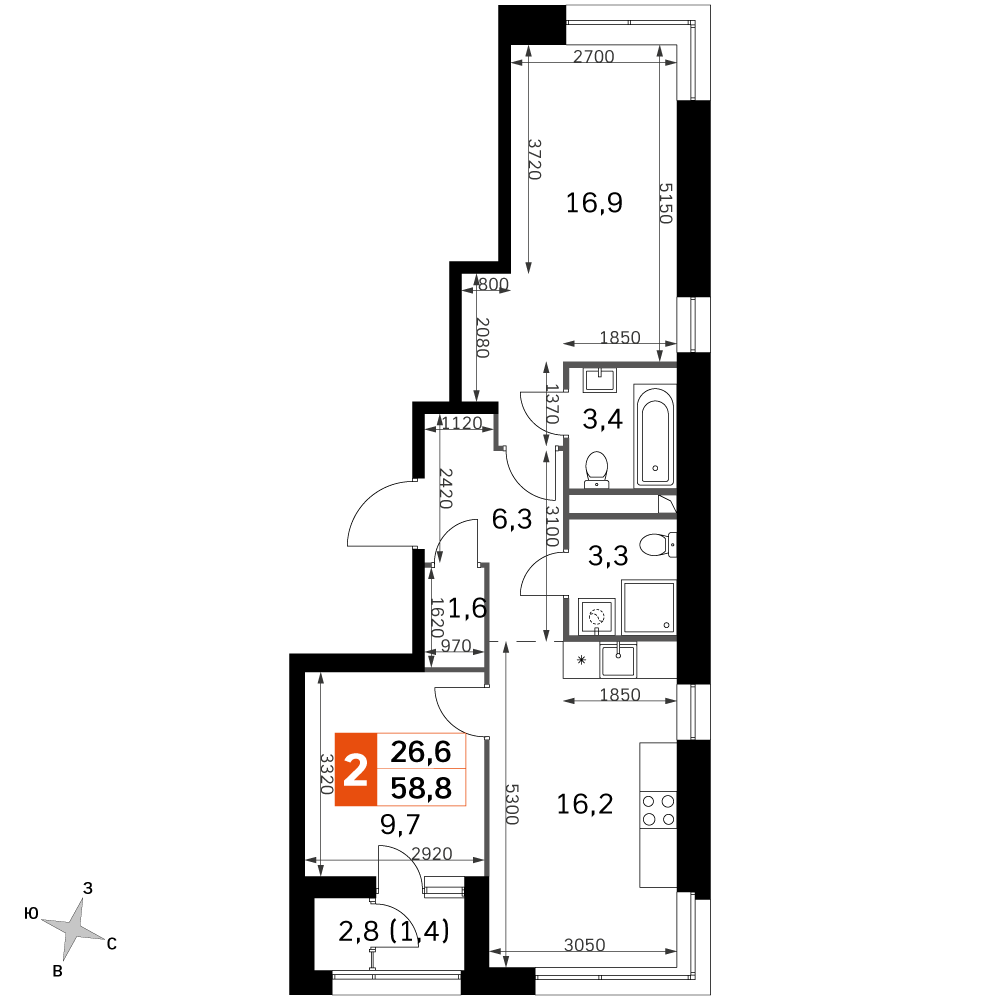 2 комн. квартира, 58.9 м², 15 этаж 