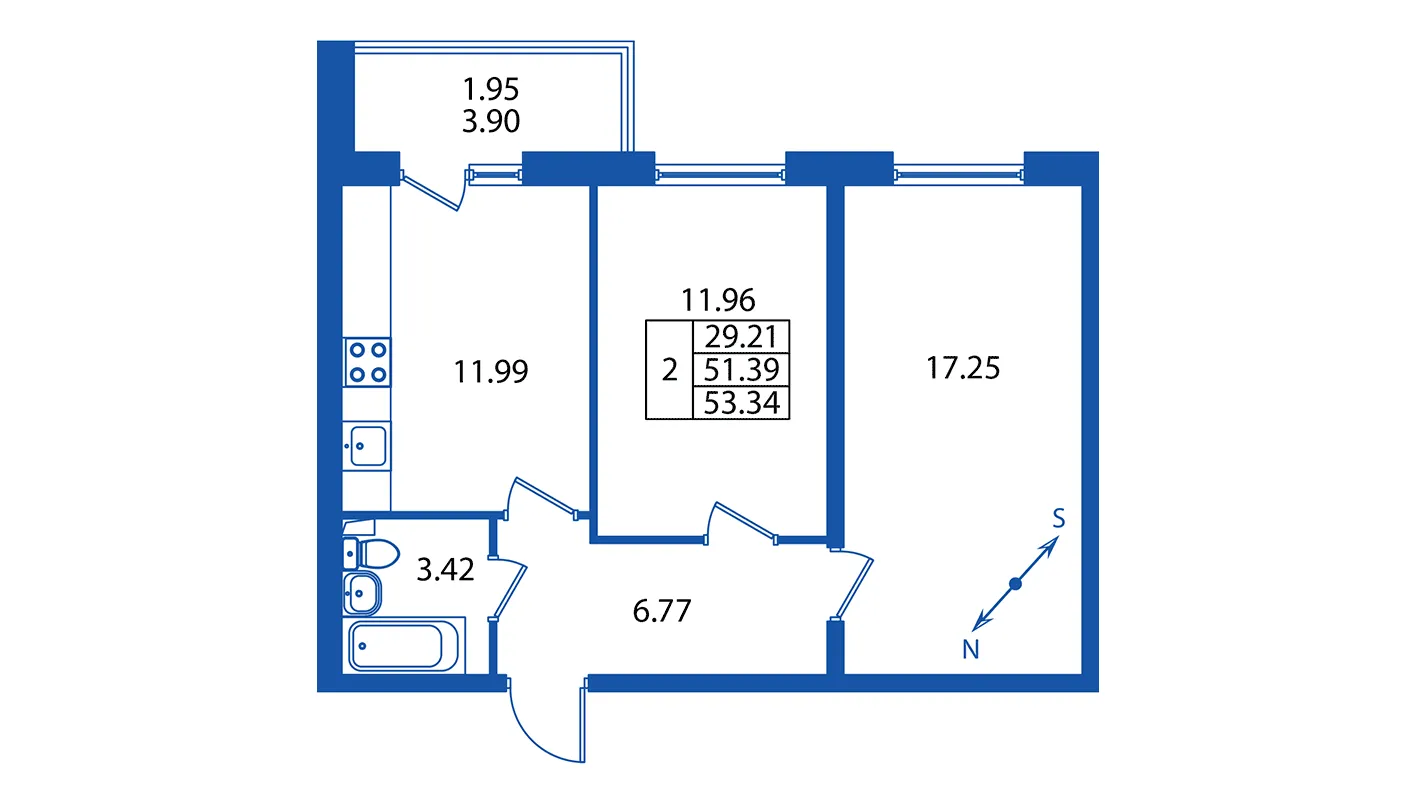 2 комн. квартира, 50.6 м², 2 этаж 